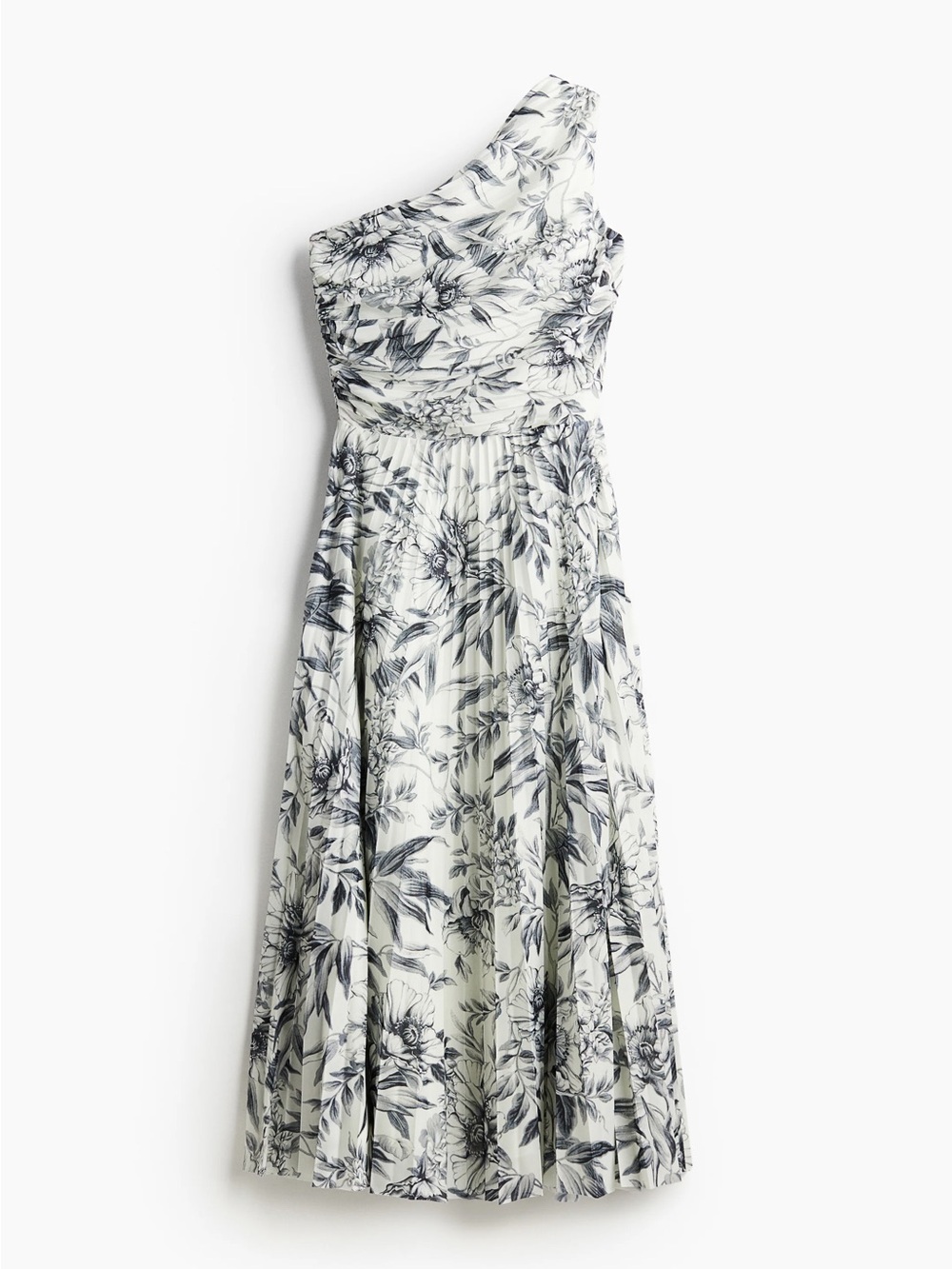 H&M One-Shoulder Floral Midi Dress in Ivory and Black